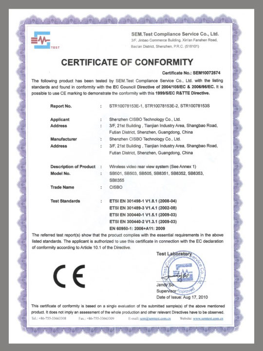 CERTIFICATE OF CONFORMITY