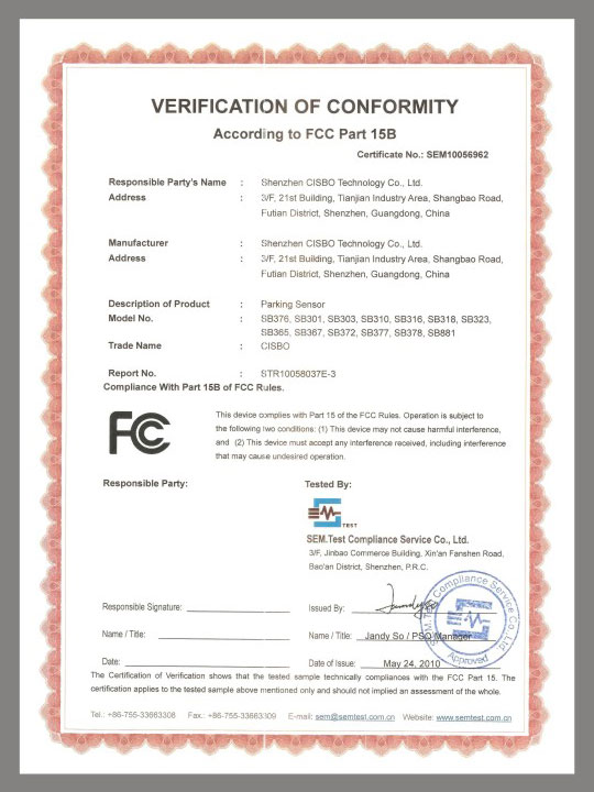 VERIFICATION OF CONFORMITY